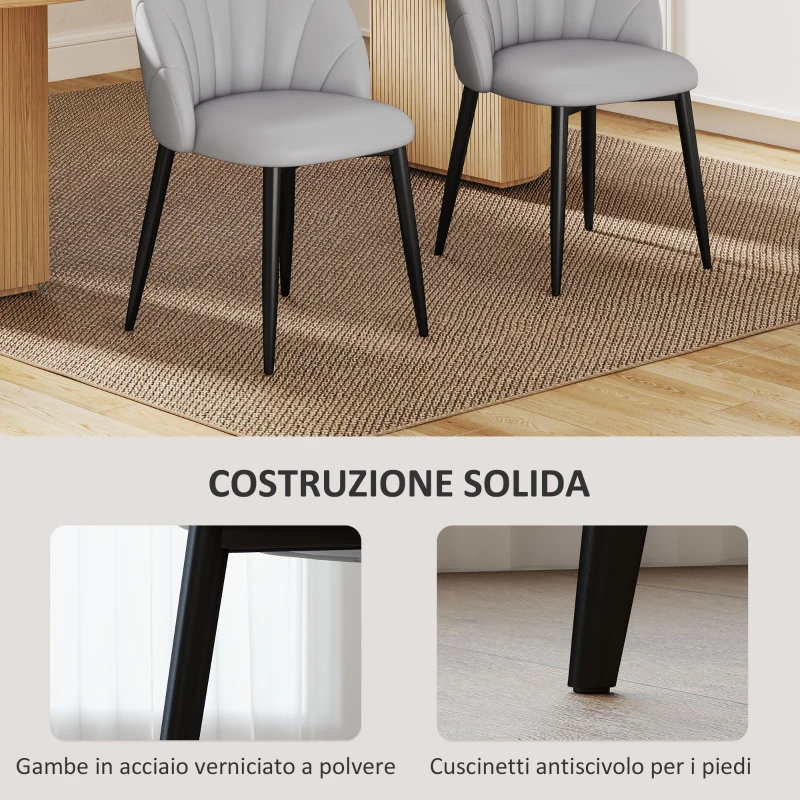 HOMCOM Set 2 Sedie da Pranzo in Pelle PU con Gambe in Metallo e Schienale a Conchiglia, Grigio Chiaro
