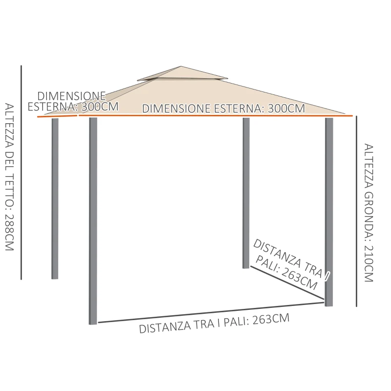 Outsunny Gazebo da Giardino 3x3 m con Tenda Parasole Laterale, Altezza 288 cm, Cachi
