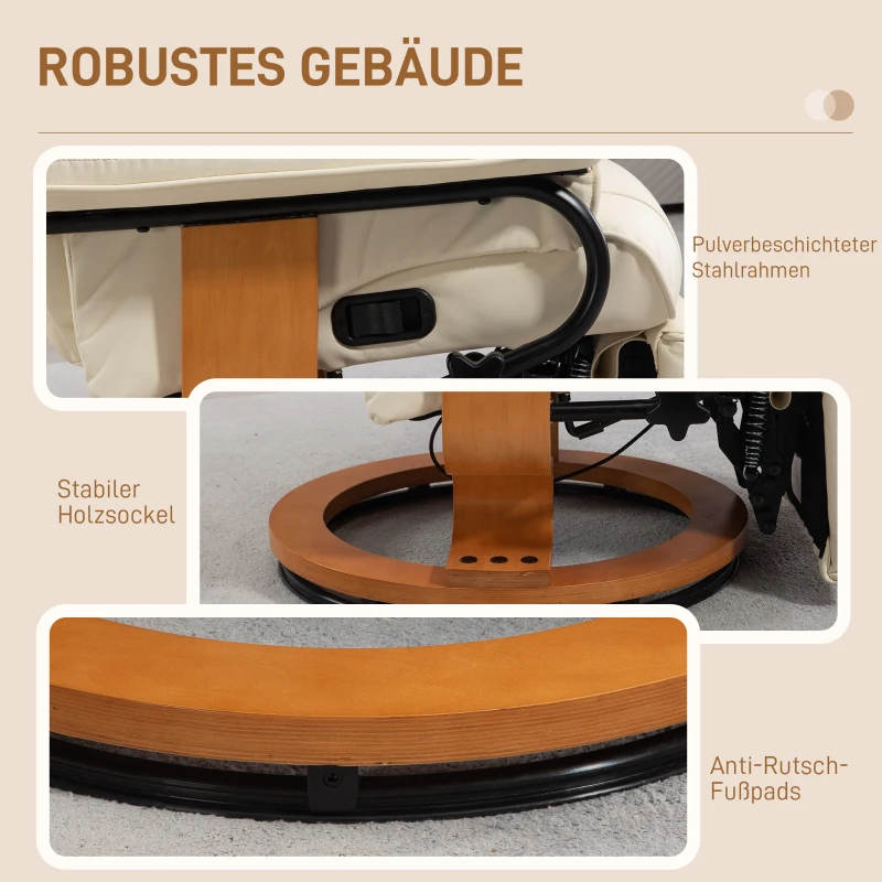 HOMCOM Relaxsessel mit Liegefunktion, drehbar, bis 150 kg, Kunstlederbezug, Stahlrahmen, Cremeweiß(m-8)