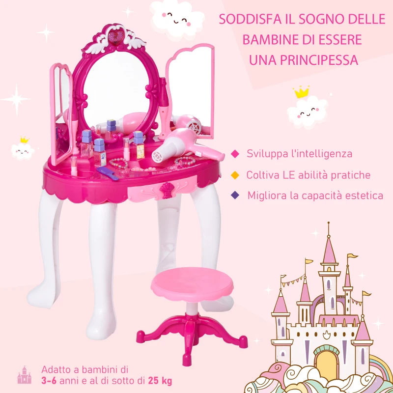 HOMCOM Tavolo da Toeletta per Bambina, Postazione Trucco Giocattolo con Accessori, Luci, Suoni Specchio e Telecomando
