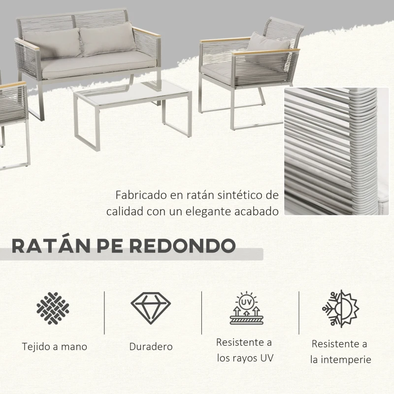 Outsunny Conjunto de Muebles de Jardín de Ratán 4 Piezas Sofá Doble 2 Sillones Individuales y Mesa de Café de Vidrio con Cojines Desenfundables para Exterior Terraza Gris