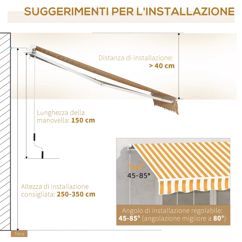 Outsunny Tenda da Sole Avvolgibile a Caduta con Manovella, in Alluminio e Poliestere, Arancione e Bianco