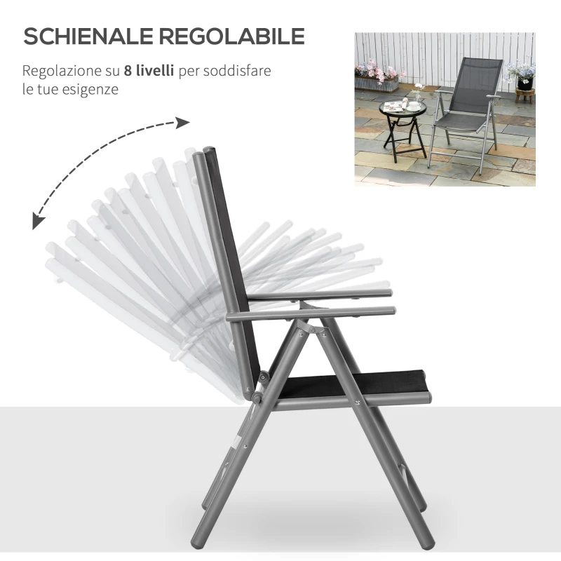 Outsunny Sedia da Giardino Pieghevole in Alluminio e Texteline Schienale Regolabile a 7 Livelli, Nero 65x55x85-105cm