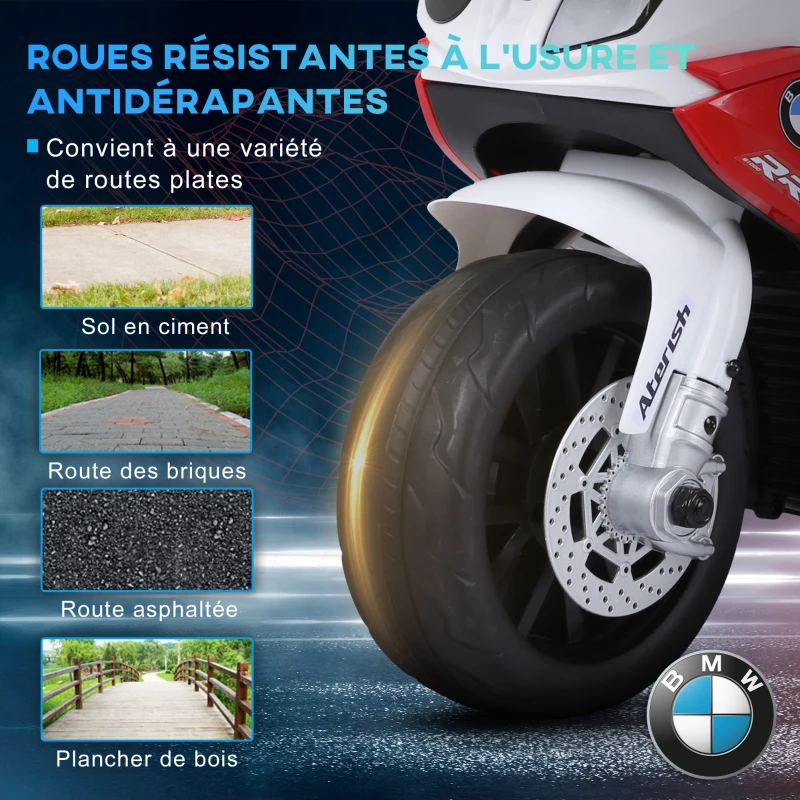 HOMCOM Moto électrique enfants, 3 roues sous licence BMW S1000 RR, 6V et 2,5 Km/h, voiture électrique enfants avec effets lumineux et sonores, moto enfant, charge max. 20 kg, rouge