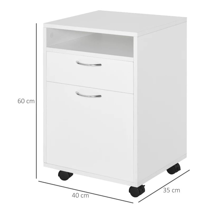 HOMCOM 60cm Filing Cabinet with Drawer, Open Shelf, Metal Handles and 4 Wheels, Office Home Organiser Mobile Printer, White