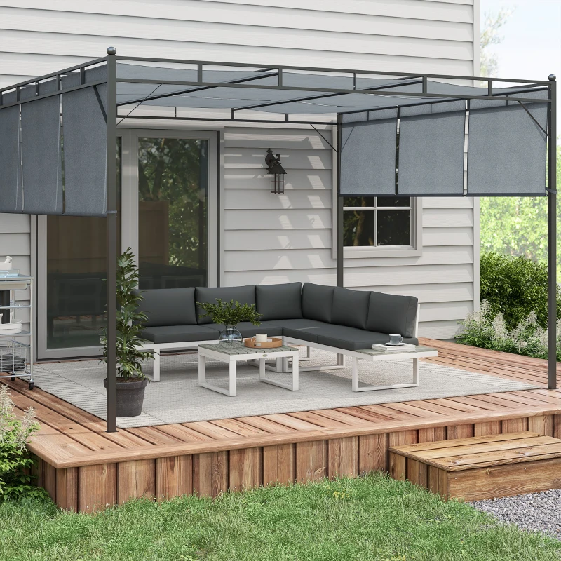 Outsunny 4 Pieces Garden Furniture Set, 5-Level Reclining Garden Corner Sofa Set, Outdoor Lounge Conversation Sectional with Cushions, Wood Effect Plastic Table, White Frame & Grey Cushion