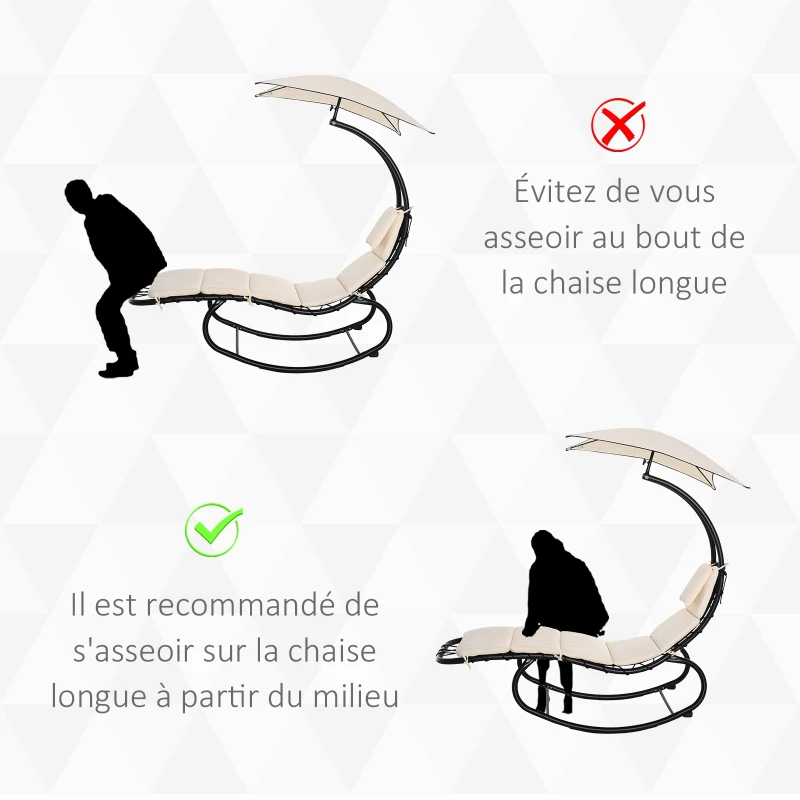 Outsunny Bain de Soleil transat à Bascule Design Contemporain avec Pare-Soleil, Matelas Grand Confort, tétière métal époxy Noir Polyester crème