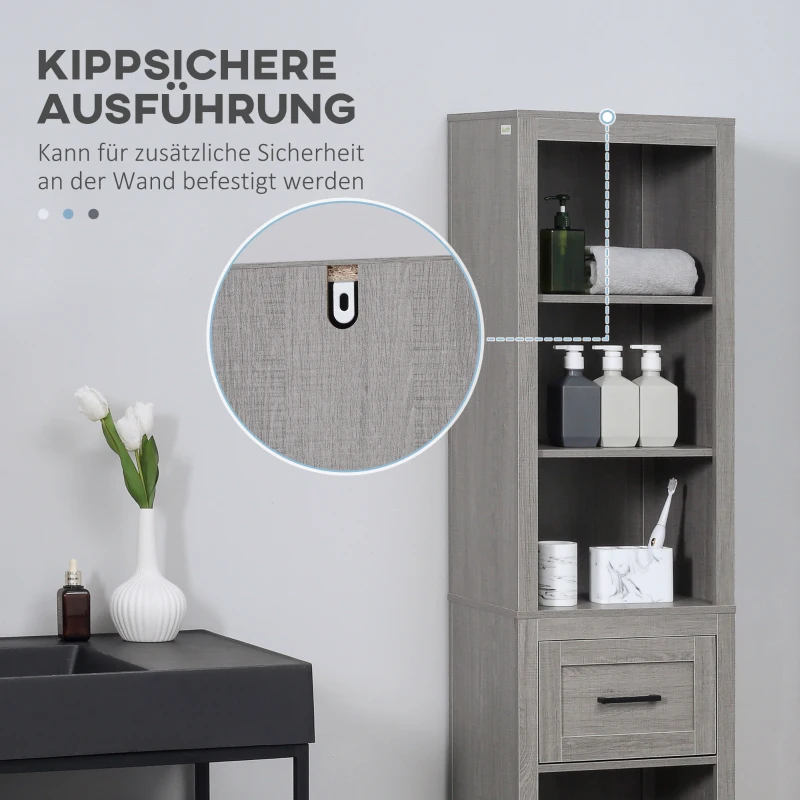 kleankin Columna de Baño Armario Alto con 1 Cajón y Estantes Abiertos Mueble Auxiliar de Almacenaje 42x30x170 cm Gris