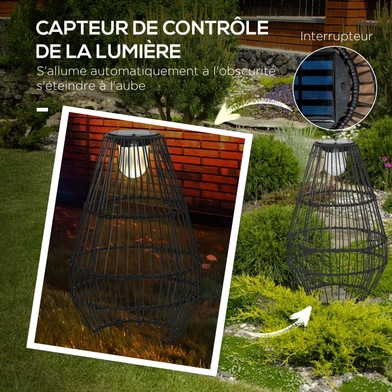 Outsunny Lampe à poser luminaire LED de jardin solaire en résine tressée imitation rotin - 34 x 34 x 56 cm noir