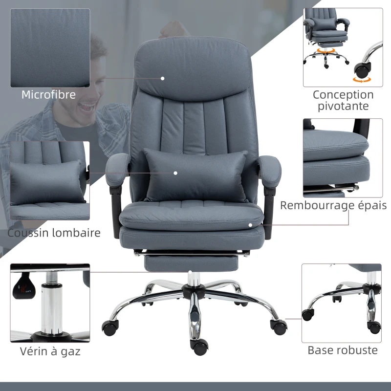 Vinsetto Fauteuil de bureau direction massant chauffant hauteur réglable dossier inclinable repose-pied gris