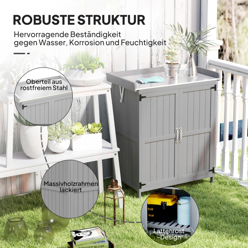 Outsunny Tuinkast, Gereedschapskast voor Buiten met Werkoppervlak, Hout en Roestvrij Staal, Dubbele Deuren, Grijs(m-7)