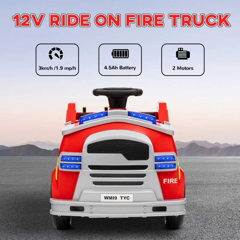 AIYAPLAY Ride On Fire Truck, 12V Kids Electric Car with Siren, Flashing Lights, Firefighting Tools, Music, Horn, Slow Start, Red