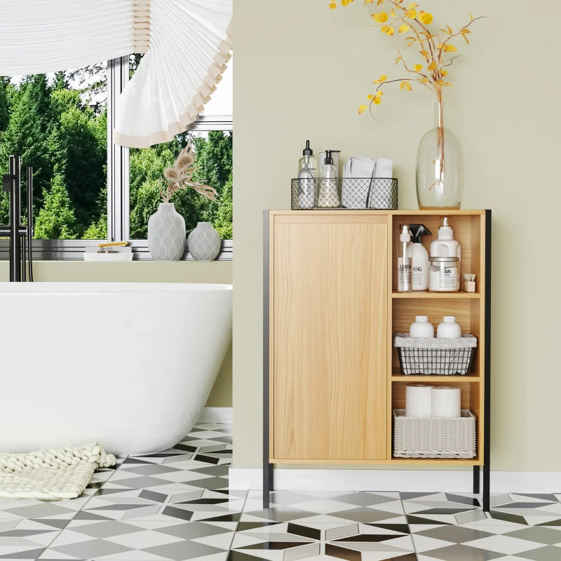 kleankin Mobiletto da Bagno con 3 Ripiani Aperti e Armadietto Chiuso in Truciolato e Acciaio, 60x28x80 cm