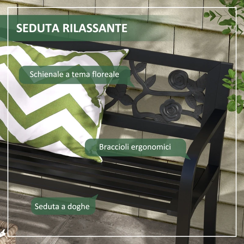 Outsunny Panchina da Giardino 2 Posti in Acciaio con Schienale Decorato e Braccioli, 127x50x75cm, Nero