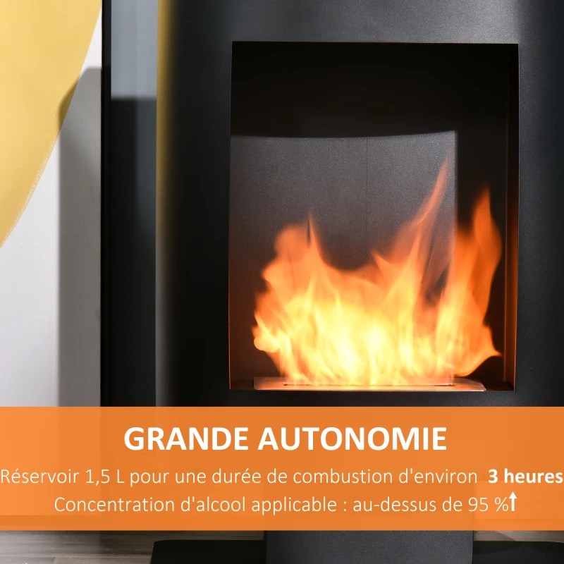HOMCOM Cheminée bioéthanol sur Pied, brûleur 1,5 L, environ 3 h de durée de combustion, contrôle de Flamme et crochet Inclus, Dim. 46,5L x 53l x 65H cm, Acier Noir