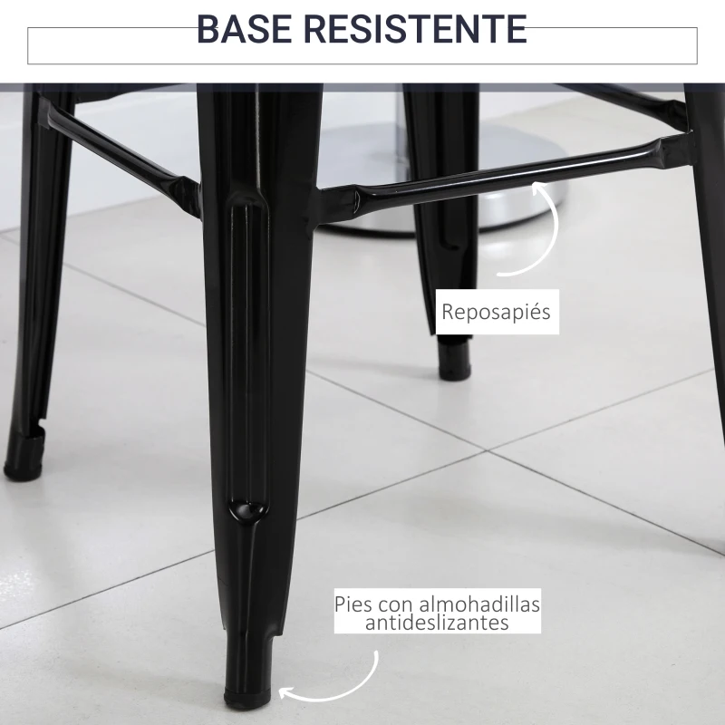 HOMCOM Conjunto de 4 Taburetes de Bar Estilo Industrial Apilables y con Reposapiés Aptos para Interiores y Exteriores 43x43x76 cm Carga Hasta 120kg Negro