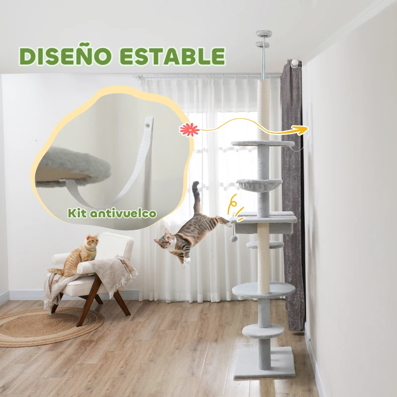 PawHut Árbol para Gatos de Suelo a Techo 225-255 cm con Hamacas Plataformas Juguete de Cuerda Bola de Juguete Gris