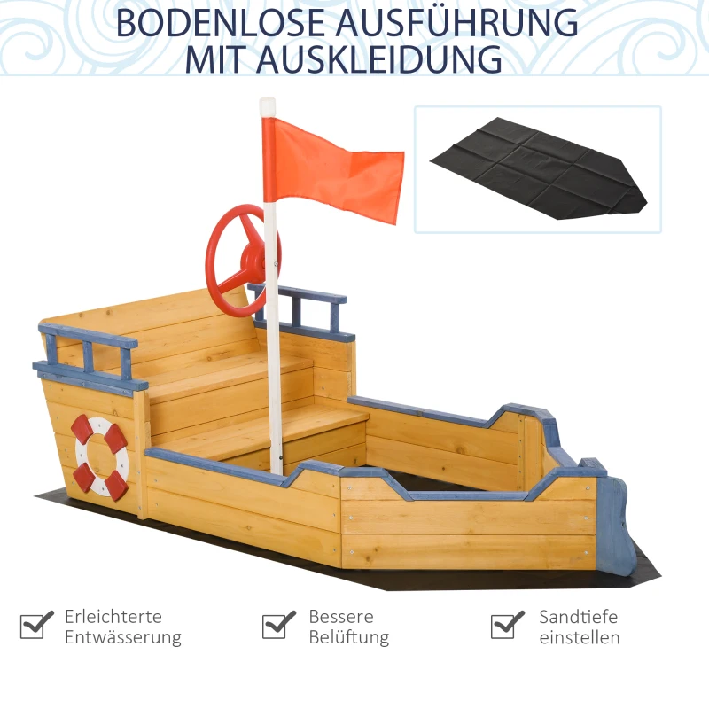 Outsunny Sandkasten Schaufel Sandkasten Sandkasten Schiff aus Tannenholz Segelschiff Piratenschiff Design groß für Kinder 3-6 Jahre Natur