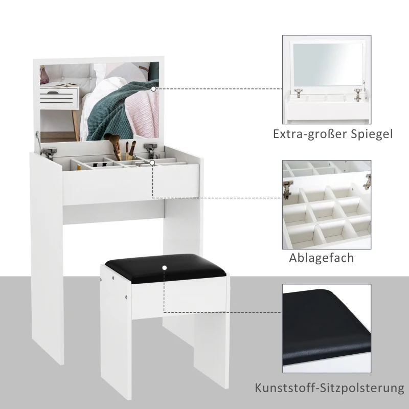 HOMCOM Schminktisch Kosmetiktisch Frisiertisch mit Hocker Klappspiegel Weiß 60 x 40 x 79cm