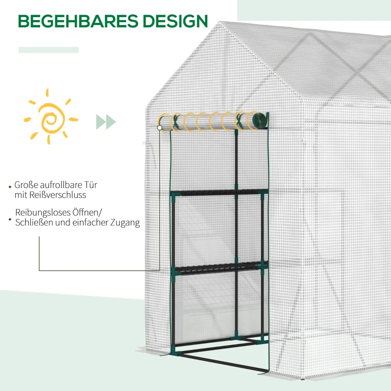 Outsunny Foliengewächshaus begehbares Gewächshaus mit 4 Regalebenen Tomatengewächshaus Treibhaus Frühbeet mit Reißverschlusstüren Weiß Stahl PE-Kunststoff 143 x 143 x 195 cm
