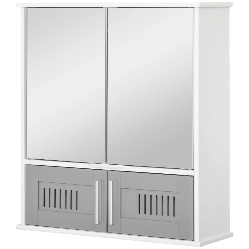 kleankin Bathroom Mirror Cabinet, Wall Mounted Storage Cupboard with Double Doors and Adjustable Shelf, Bathroom Organizer, Grey