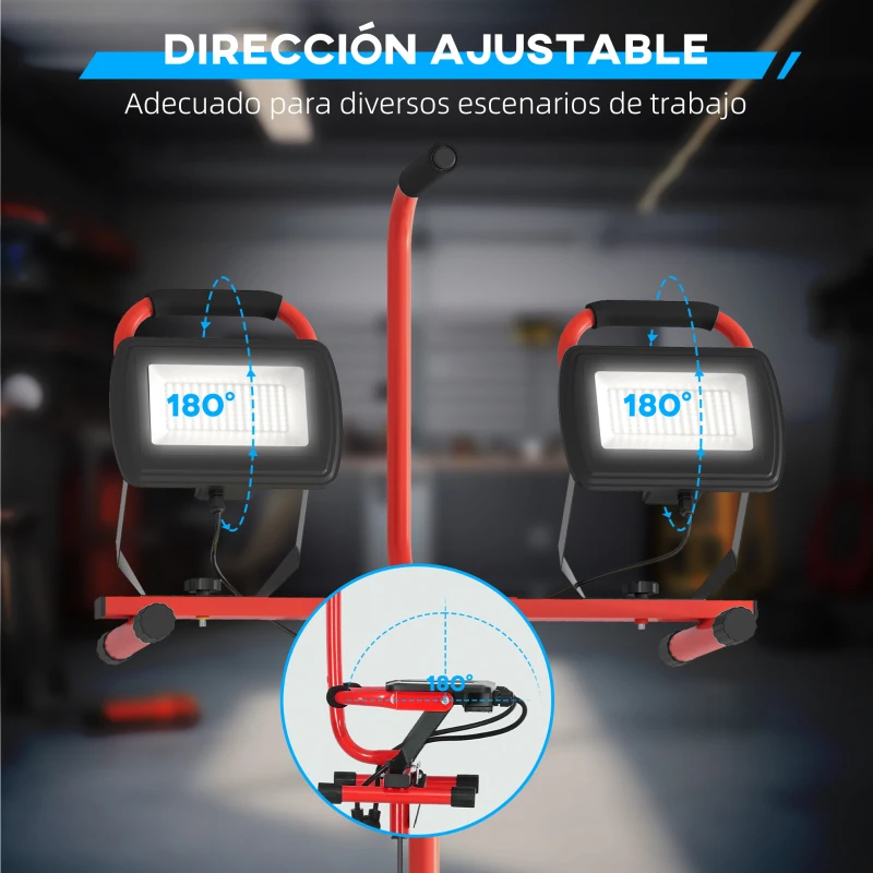 HOMCOM Foco LED Doble con Trípode Plegable 8500 Lúmenes IP65 6500K y Cabezas Ajustables para Trabajo Interior y Exterior Rojo