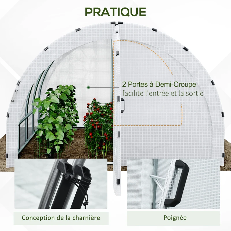 Outsunny Serre de Jardin Tunnel Surface Sol 12 m² 4L x 3l x 2H m châssis Tubulaire renforcé 25 mm Double Porte avec poignées Blanc