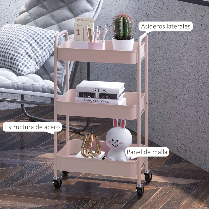 HOMCOM Carrito de Almacenamiento con 3 Cestas y Marco de Acero para Salón Dormitorio Oficina Cocina 45x30,6x79 cm Rosa