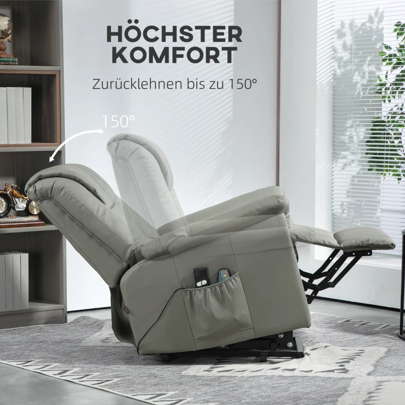 HOMCOM Relaxsessel mit Aufstehhilfe, Massage, Heizung, Kunstleder, 93x95x106 cm, Hellgrau