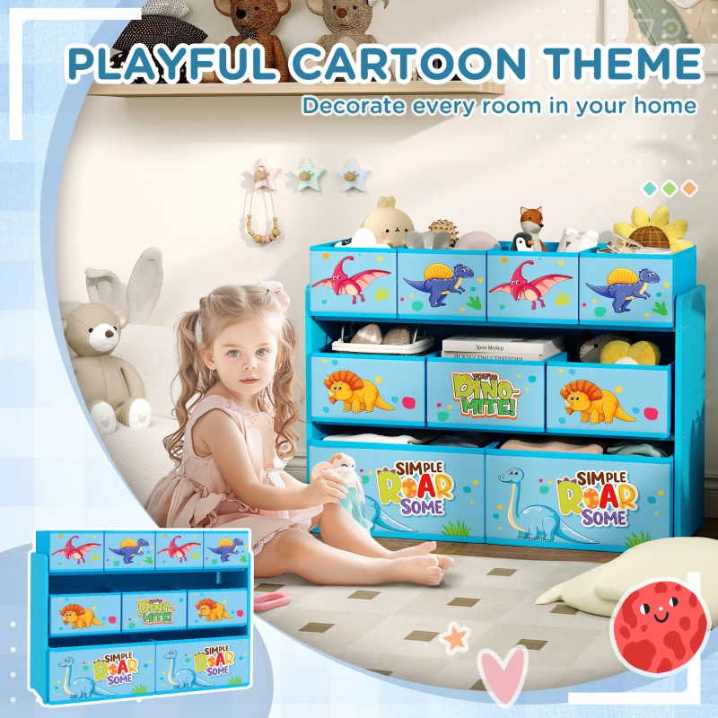 AIYAPLAY 3-Tier Kids Storage Unit with 9 Non-Woven Fabric Boxes for Toys, Books, for Bedroom, Nursery, Blue