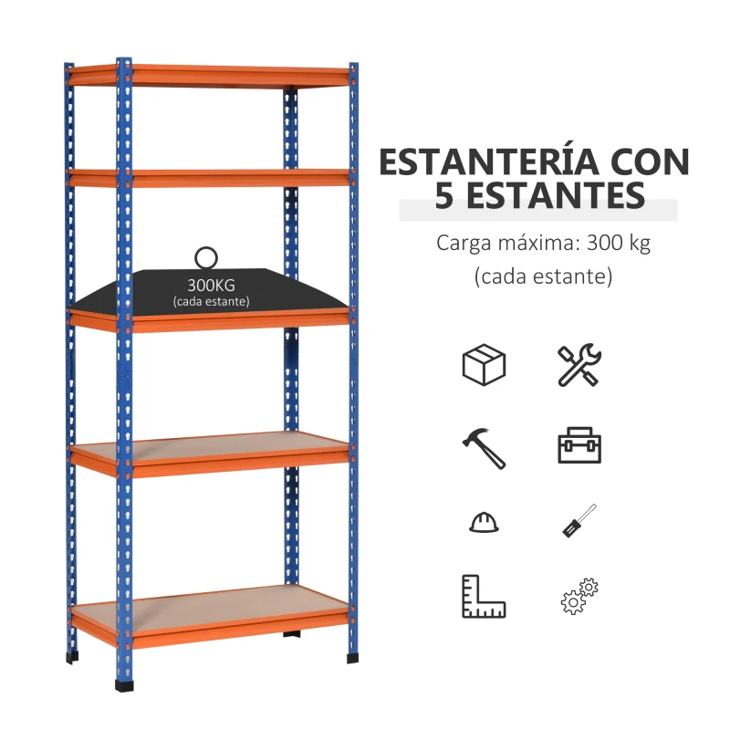 HOMCOM Estantería Metálica de Almacenaje 80x40x182 cm con 5 Niveles Ajustables en Altura Carga Máxima por Estante 300 kg para Almacén Garaje Taller Azul y Naranja