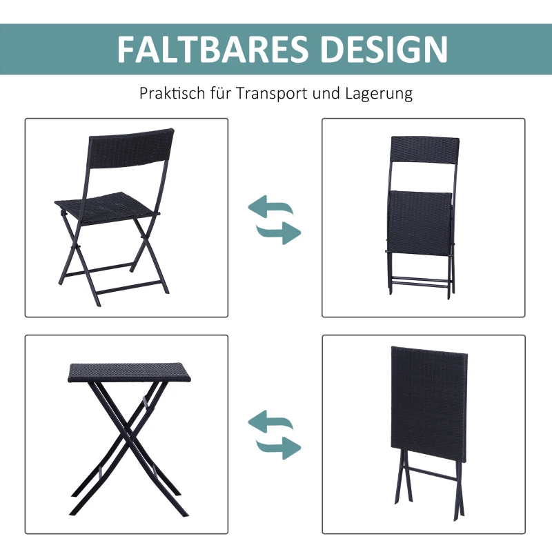 Outsunny Polyrattan Bistroset für 2 Personen Sitzgruppe Rattan Gartenmöbel Set Garnitur Schwarz