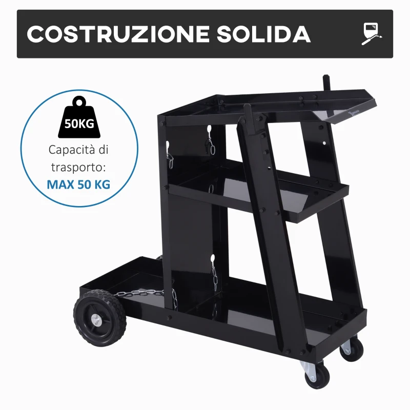 DURHAND Carrello Porta Utensili a 3 Ripiani con 2 Catene di Sicurezza, in Acciaio, 71x39x70 cm, Nero