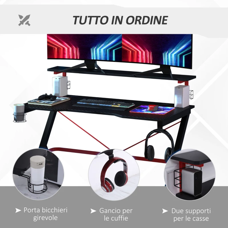 HOMCOM Scrivania da Gaming con Ripiano Monitor, Scrivania per Computer Porta PC con Gancio e Portabicchieri Nera e Rossa, 120x60x97cm