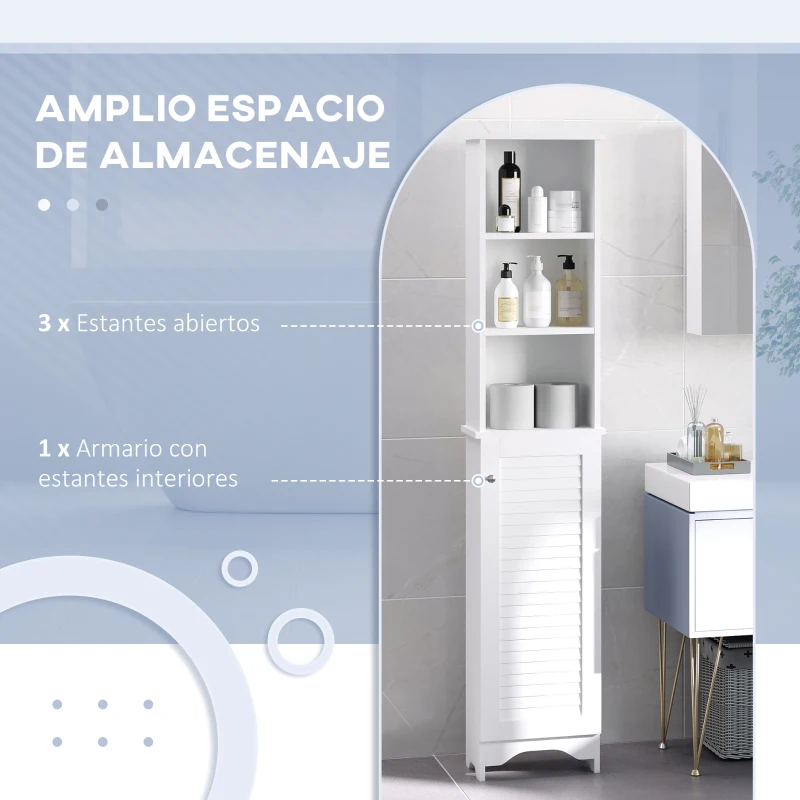 HOMCOM Armario Alto de Baño con Estantes Abiertos y Balda Interior Mueble Auxiliar de Almacenaje 34x20x165 cm Blanco