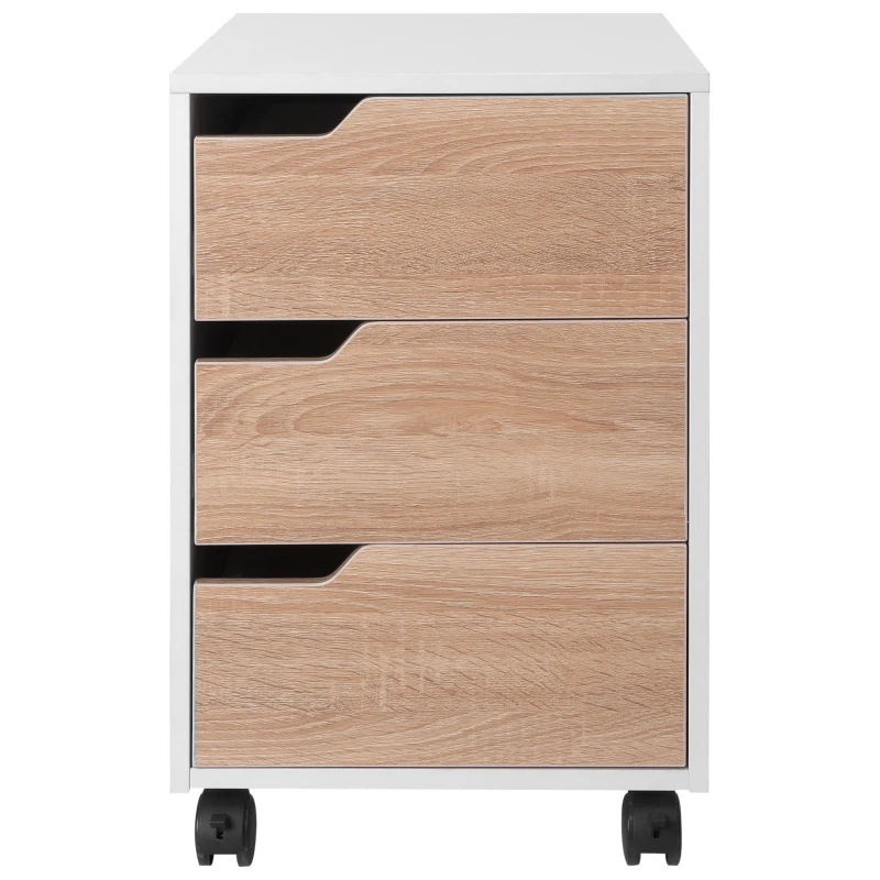 HOMCOM Rollcontainer, Aktenschrank, Bürocontainer mit 3 Schubladen, Büroschrank, Aufbewahrung, Container,4 Universalräder, MDF, Natur+Weiß, 40 x 50 x 57,5 cm