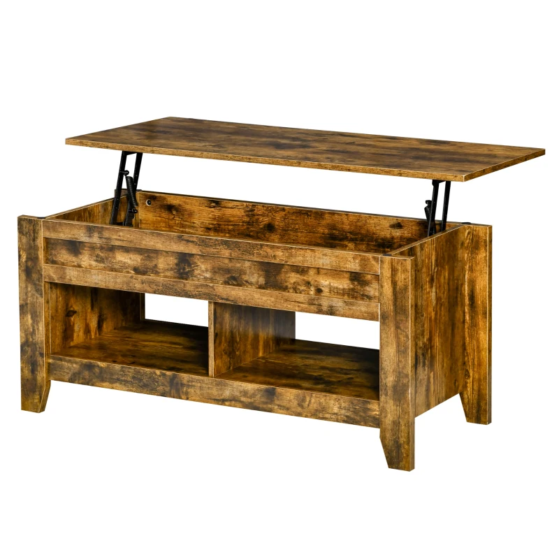 HOMCOM Tavolino da Salotto in Stile Industriale con Vano Contenitore e Piano Sollevabile in Legno, 105x50x49cm, Marrone Rustico