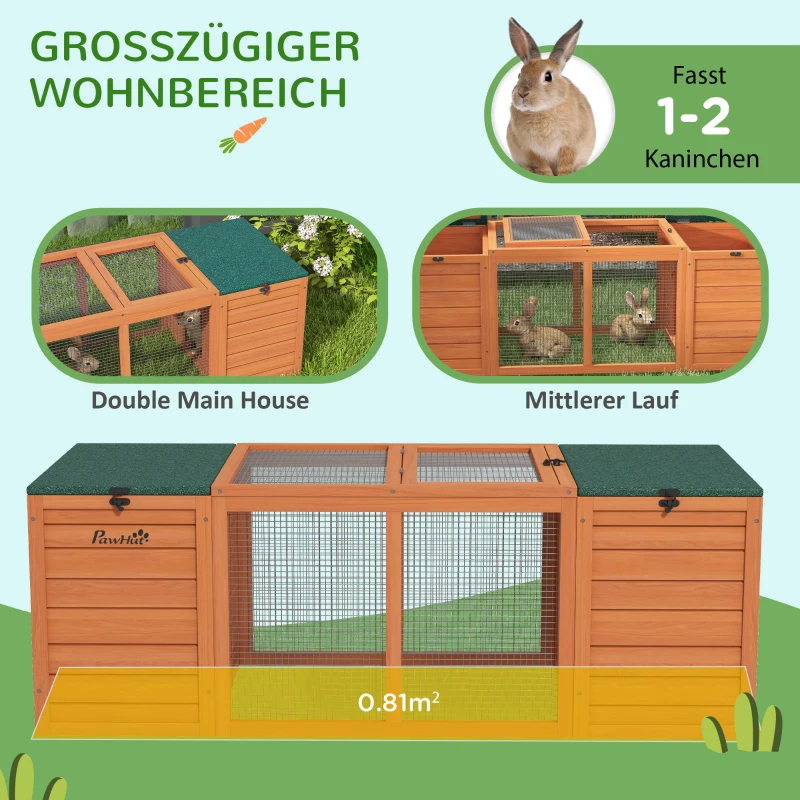 PawHut Kleintierstall, Zwergkaninchenstall, 2 Ställe, 1 Auslauf, wetterbeständig, 140 cm x 60 cm x 50 cm, Grün + Orange