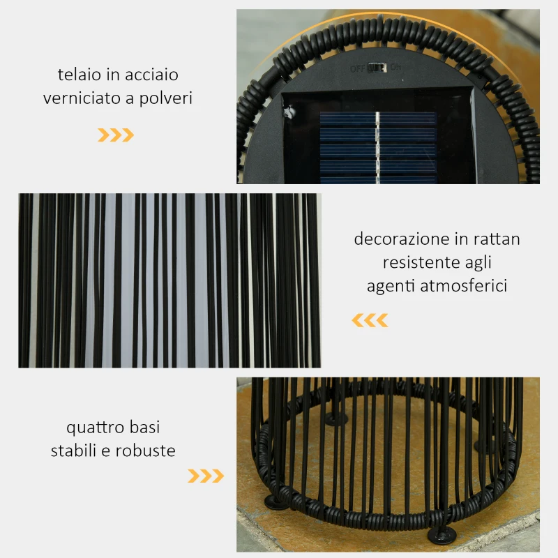 Outsunny Lanterna Solare da Giardino LED con Pannello di Ricarica in Rattan e Metallo , Ø21.5x61cm, Nero