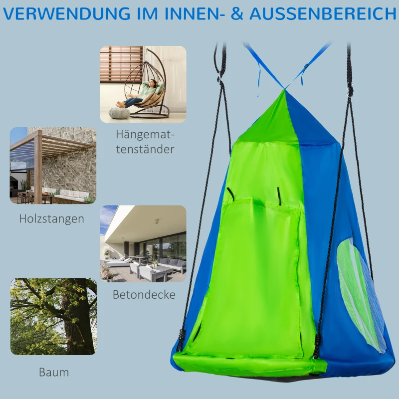 Outsunny Nestschaukel mit Zelt Ø100 cm Gartenschaukel mit Tür und Fenster Tellerschaukel Kinderschaukel Kinder Rundschaukel bis 200 kg belastbar Metall Grün+Blau