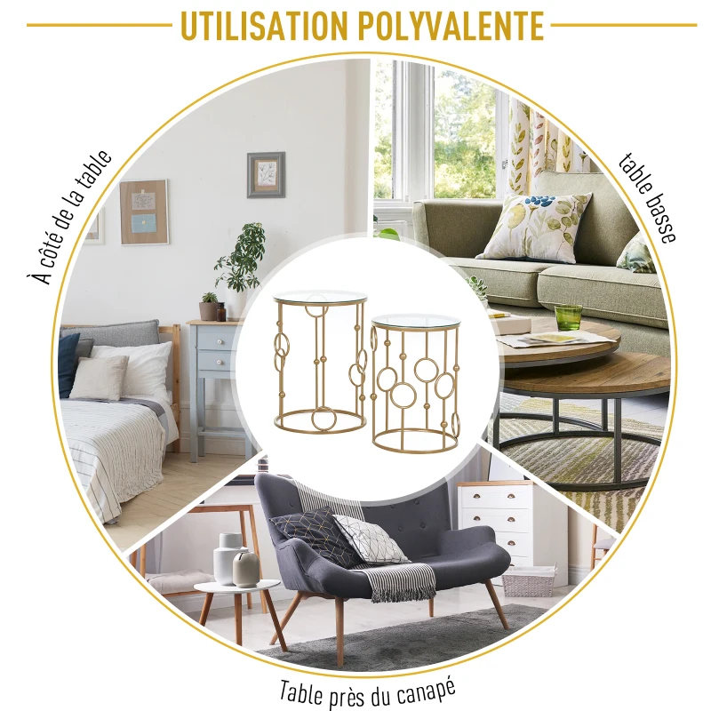 HOMCOM Tables gigognes Lot de 2 Tables Basses Rondes Design Style Art déco Ø 41 et Ø 36 cm métal doré Verre trempé 5 mm