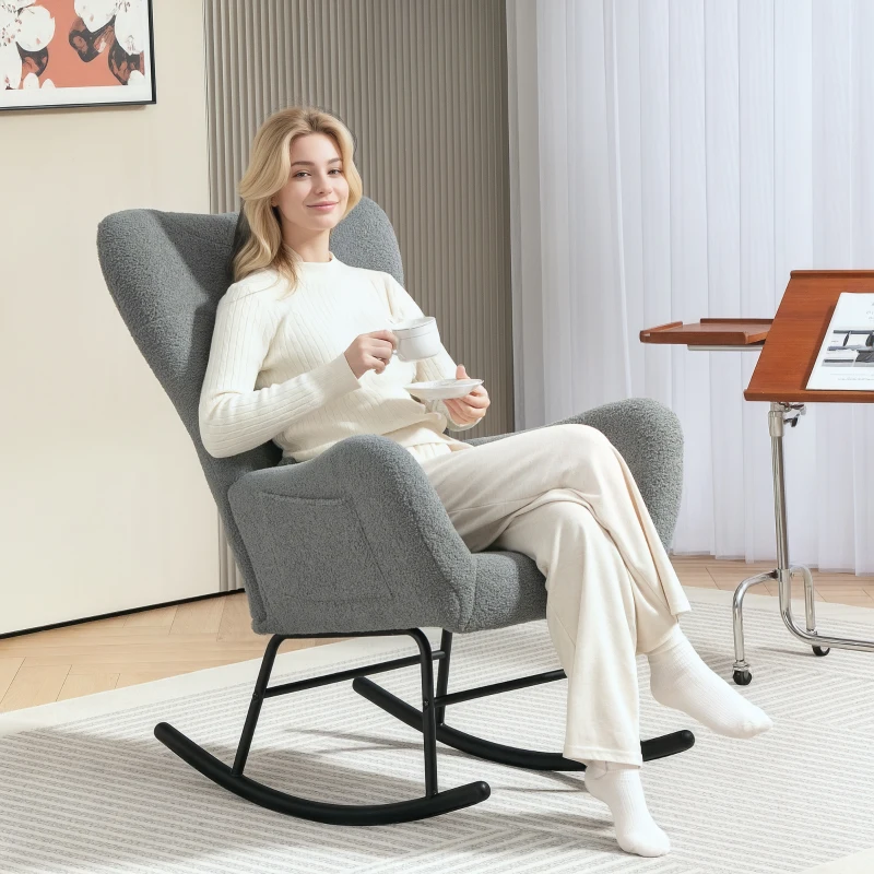 HOMCOM Schommelstoel, Pluizige Bekleding, Lendekussen, Antislip, Tot 120 kg, Grijs(m-7)