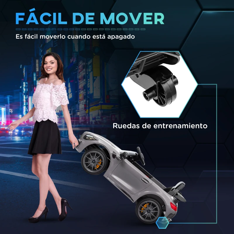 AIYAPLAY Coche Eléctrico para Niños de +3 Años Mercedes-Benz AMG GTR con Batería 12V Mando a Distancia Faros Bocina Música Plata