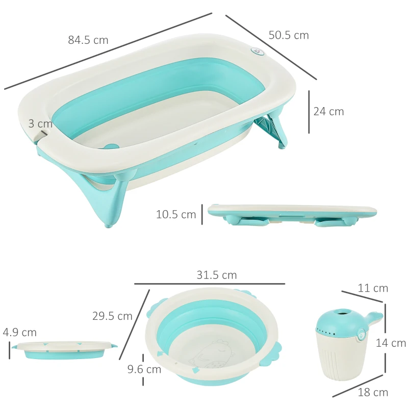 HOMCOM 3 in 1 Collapsible Baby Bath Tub Set Folding Kids Tub Wash Basin Shampoo Cup Non-Slip Support Leg for 0-3 Years, Green