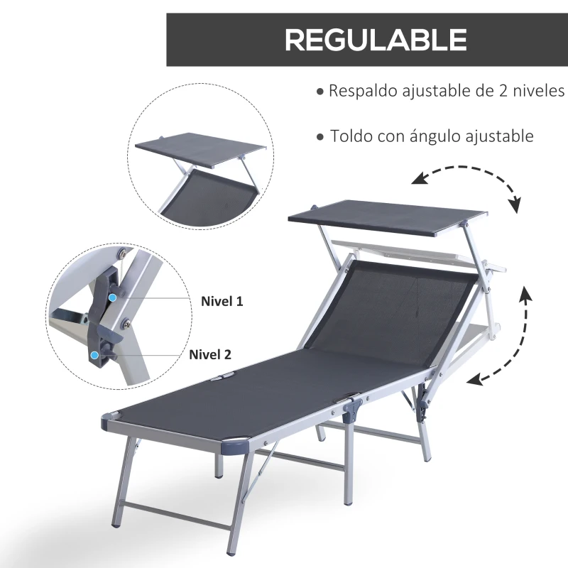 Outsunny Tumbona Plegable y Reclinable con Toldo Incorporado para Jardín Terraza Carga 120 kg 169x72x50/70cm Gris
