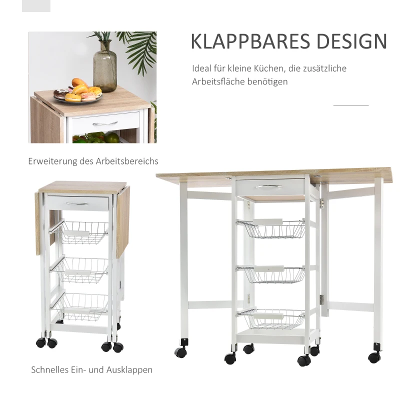 HOMCOM Küchenwagen faltbar Rollwagen Servierwagen Schublade mit 3 Körben 6 Universal-Rollen für Küchen Natur+Weiß 97,2 x 37 x 77,5 cm