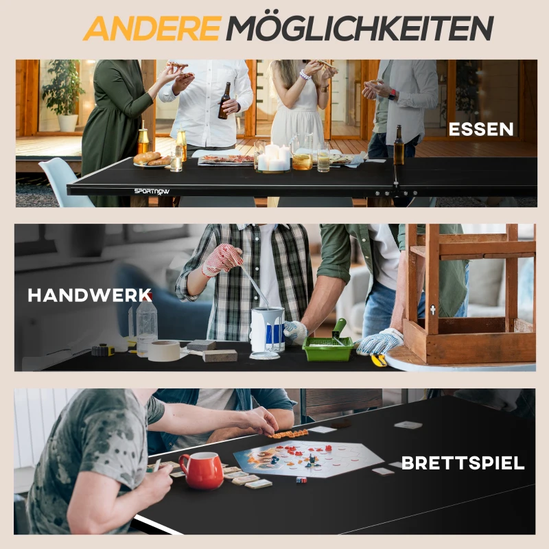 SPORTNOW Tischtennisplatte, klappbar, 8 Räder, pulverbeschichteter Stahlrahmen, MDF, 274 x 152,5 x 76 cm, Schwarz