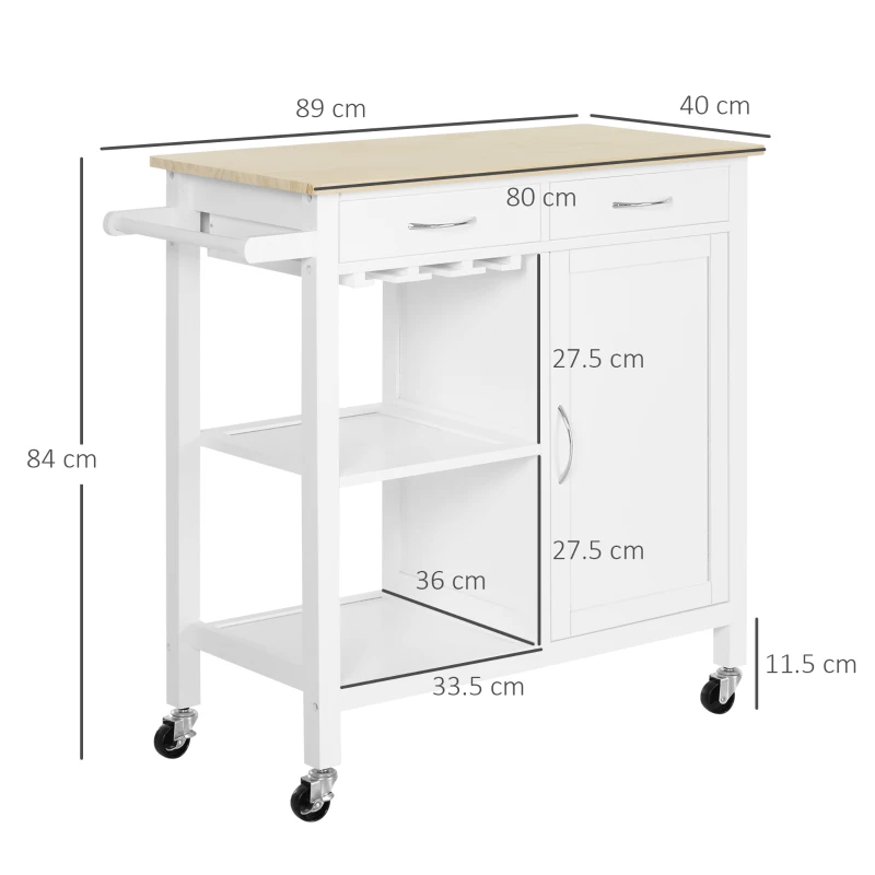 HOMCOM Kitchen Storage Trolley Cart Cupboard Rolling Wheels Shelves Cabinet Island W/ Drawers Towel Rail Wine Glass Rack Pine Wood Worktop  White