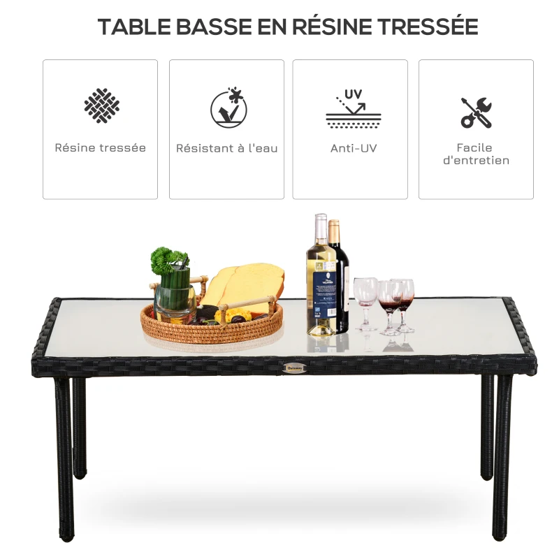 Outsunny Table basse de jardin plateau verre trempé 5 mm résine tressée imitation rotin noir