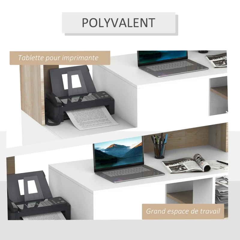 HOMCOM Bureau informatique avec 2 tiroirs, bureau avec rangement, 137 x 55 x 92 cm, étagères ouvertes et tablette d'imprimante, style moderne, table d'ordinateur pour chambre, studio, chêne